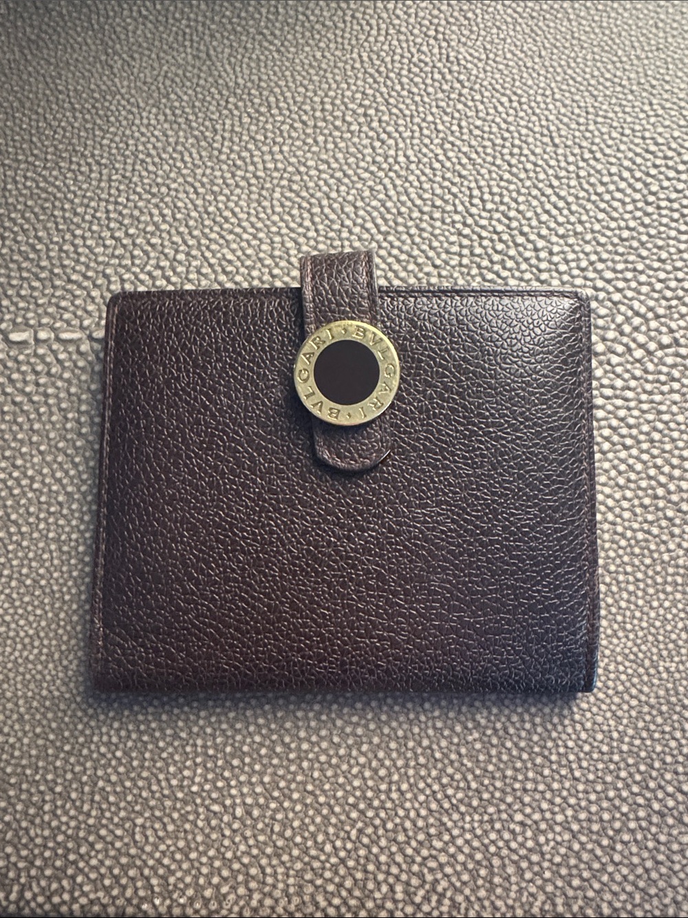 BVLGARI Dark Brown Pebbled Leather Card Holder with Gold Ring